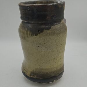 Artist Signed Handmade Stoneware Vase in Tan, Beige and Dark Brown
